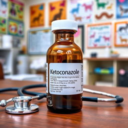 A veterinary medicine bottle labeled "Ketoconazole" designed for animal use