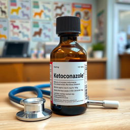 A veterinary medicine bottle labeled "Ketoconazole" designed for animal use