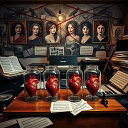 Four glass jars each containing a realistic human heart, placed on a cluttered wooden desk in a musician's room