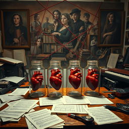 Four glass jars each containing a realistic human heart, placed on a cluttered wooden desk in a musician's room