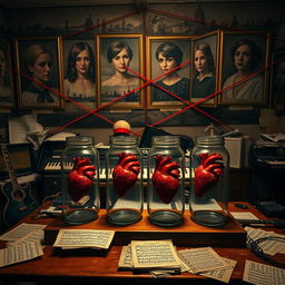 Four glass jars each containing a realistic human heart, placed on a cluttered wooden desk in a musician's room