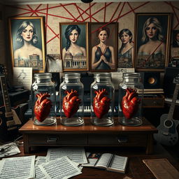 Four glass jars each containing a realistic human heart, placed on a cluttered wooden desk in a musician's room