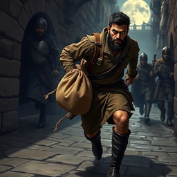 An evil male smuggler with short black hair and a short pointy beard is captured in mid-stride as he dashes through the narrow alleys of a medieval town