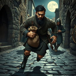 An evil male smuggler with short black hair and a short pointy beard is captured in mid-stride as he dashes through the narrow alleys of a medieval town