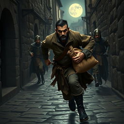 An evil male smuggler with short black hair and a short pointy beard is captured in mid-stride as he dashes through the narrow alleys of a medieval town