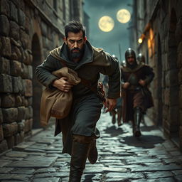 An evil male smuggler with short black hair and a short pointy beard is captured in mid-stride as he dashes through the narrow alleys of a medieval town