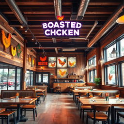 An interior design concept for a broasted chicken restaurant, featuring a modern rustic ambiance with wooden accents and vibrant lighting