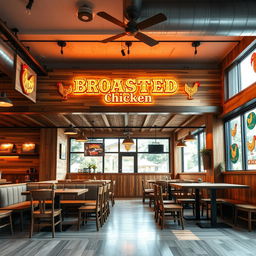 An interior design concept for a broasted chicken restaurant, featuring a modern rustic ambiance with wooden accents and vibrant lighting