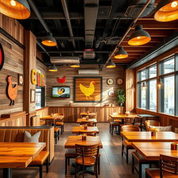 An interior design concept for a broasted chicken restaurant, featuring a modern rustic ambiance with wooden accents and vibrant lighting