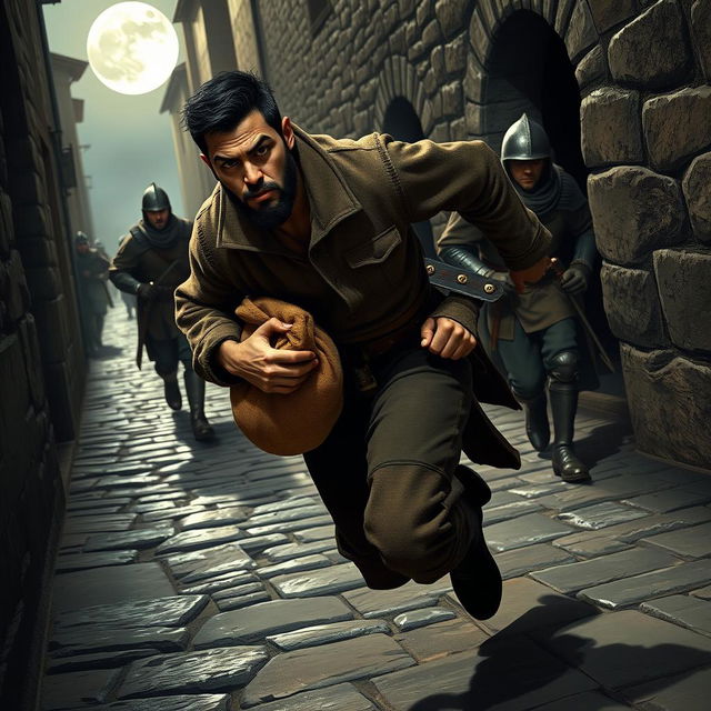 An evil male smuggler with short black hair and a short pointy beard is captured in mid-stride as he dashes through the narrow alleys of a medieval town