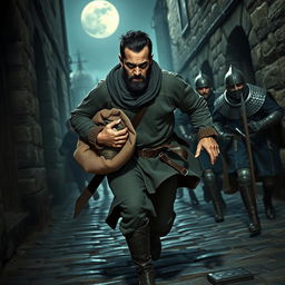 An evil male smuggler with short black hair and a short pointy beard is captured in mid-stride as he dashes through the narrow alleys of a medieval town