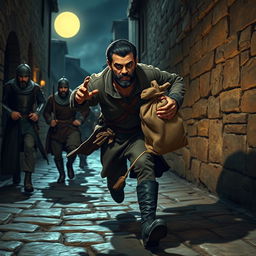 An evil male smuggler with short black hair and a short pointy beard is captured in mid-stride as he dashes through the narrow alleys of a medieval town