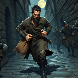 An evil male smuggler with short black hair and a short pointy beard is captured in mid-stride as he dashes through the narrow alleys of a medieval town