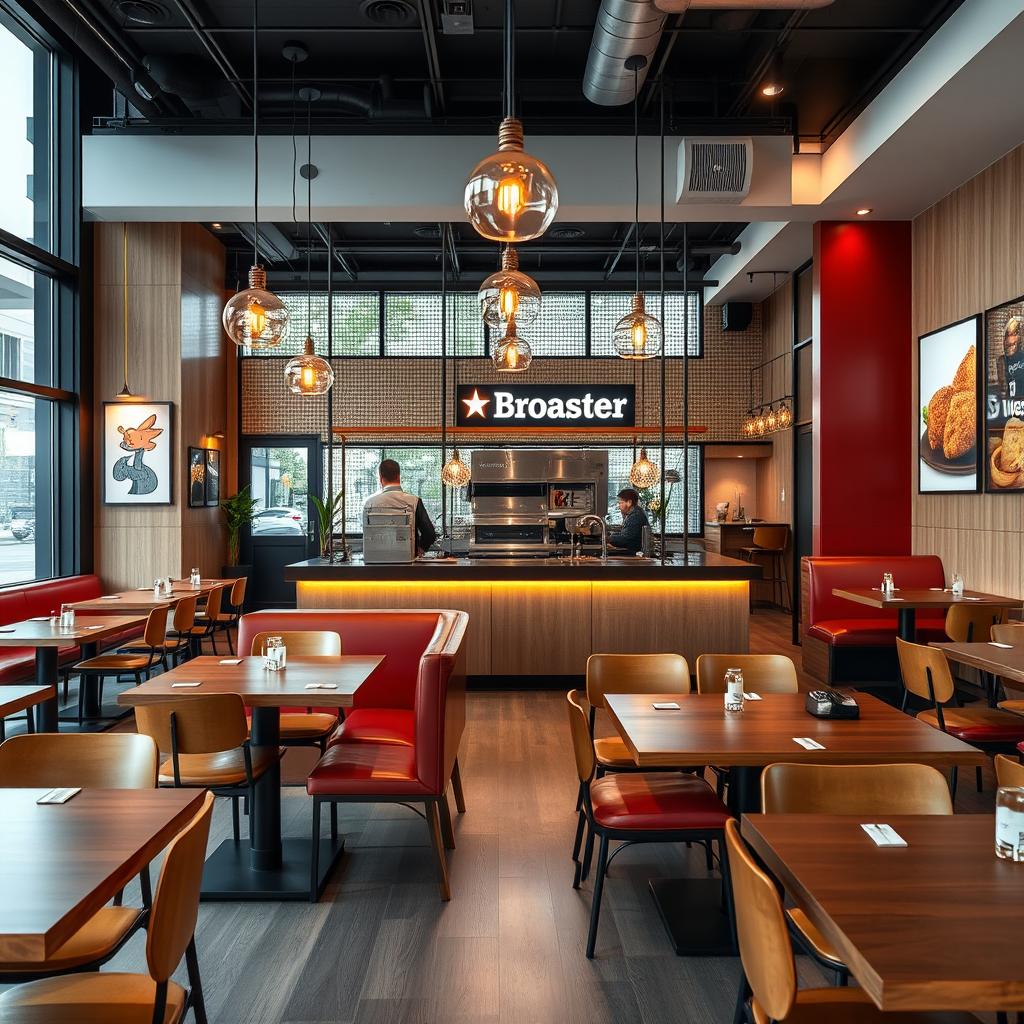 A modern interior design of a broaster chicken restaurant, featuring sleek and contemporary furniture