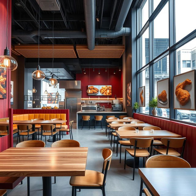 A modern interior design of a broaster chicken restaurant, featuring sleek and contemporary furniture