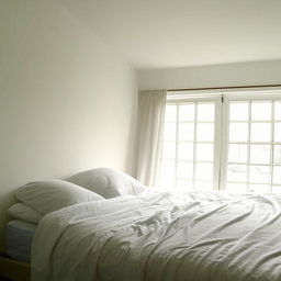 A small, aesthetically pleasing white bedroom with the bed positioned in front of a large window, emitting warmth and a feeling of serenity