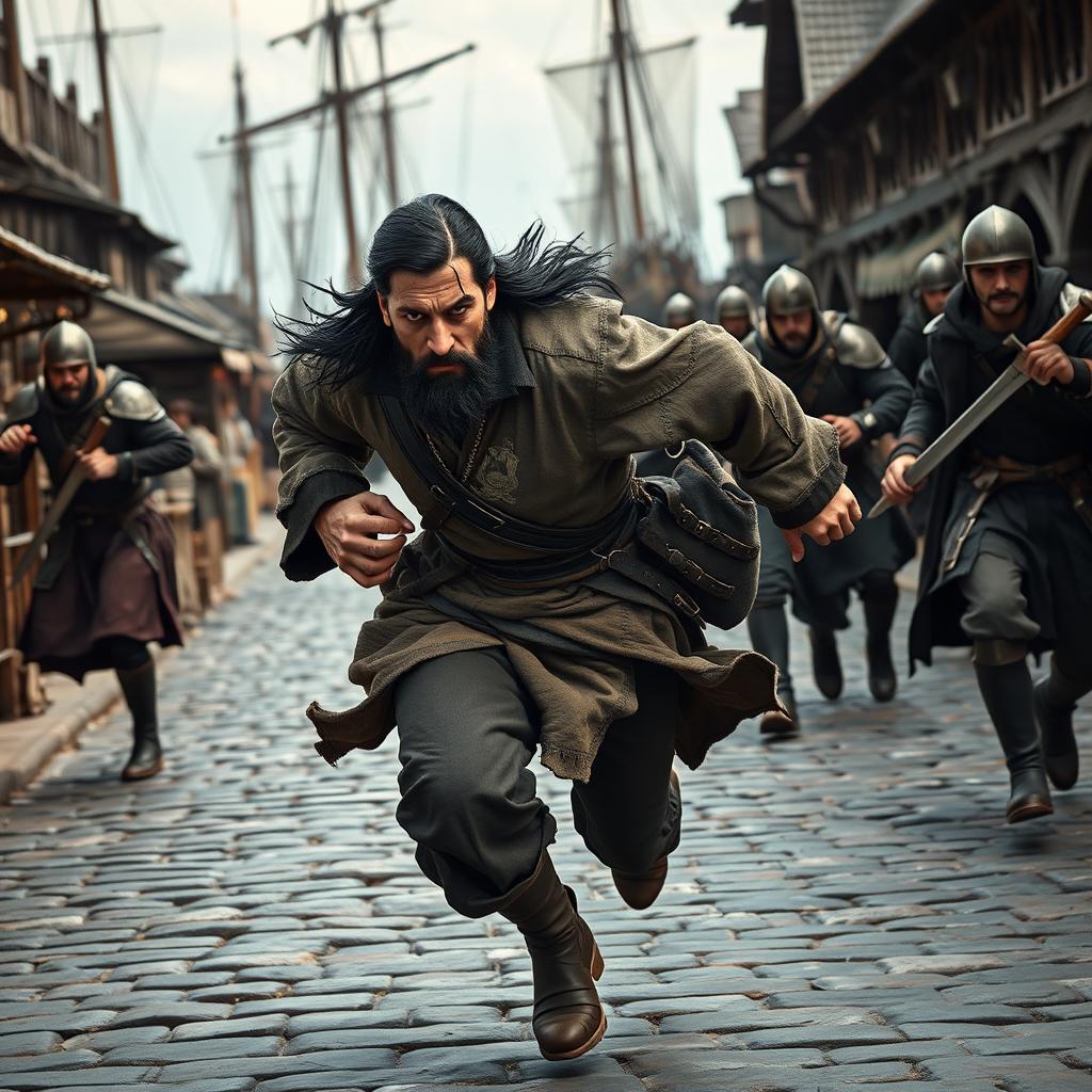 An evil male pirate with short black hair and a short pointy beard is in mid-sprint on a cobblestone street, evading medieval guards