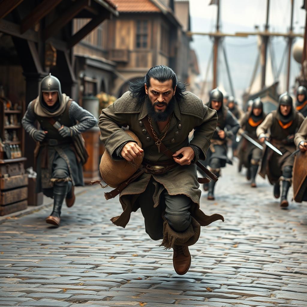 An evil male pirate with short black hair and a short pointy beard is in mid-sprint on a cobblestone street, evading medieval guards