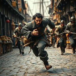 An evil male pirate with short black hair and a short pointy beard is in mid-sprint on a cobblestone street, evading medieval guards