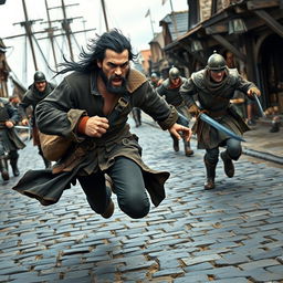 An evil male pirate with short black hair and a short pointy beard is in mid-sprint on a cobblestone street, evading medieval guards