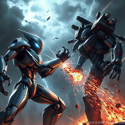 Two futuristic robots engaged in a fierce battle