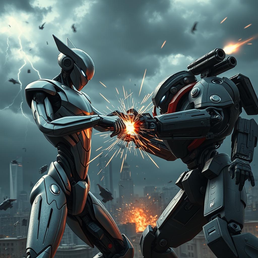 Two futuristic robots engaged in a fierce battle