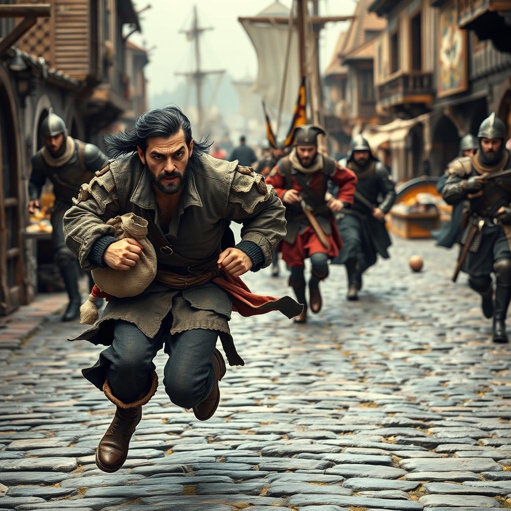 An evil male pirate with short black hair and a short pointy beard is in mid-sprint on a cobblestone street, evading medieval guards