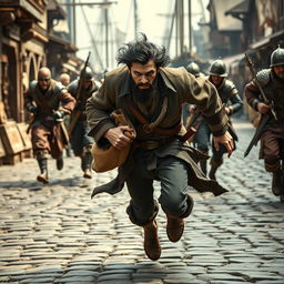 An evil male pirate with short black hair and a short pointy beard is in mid-sprint on a cobblestone street, evading medieval guards