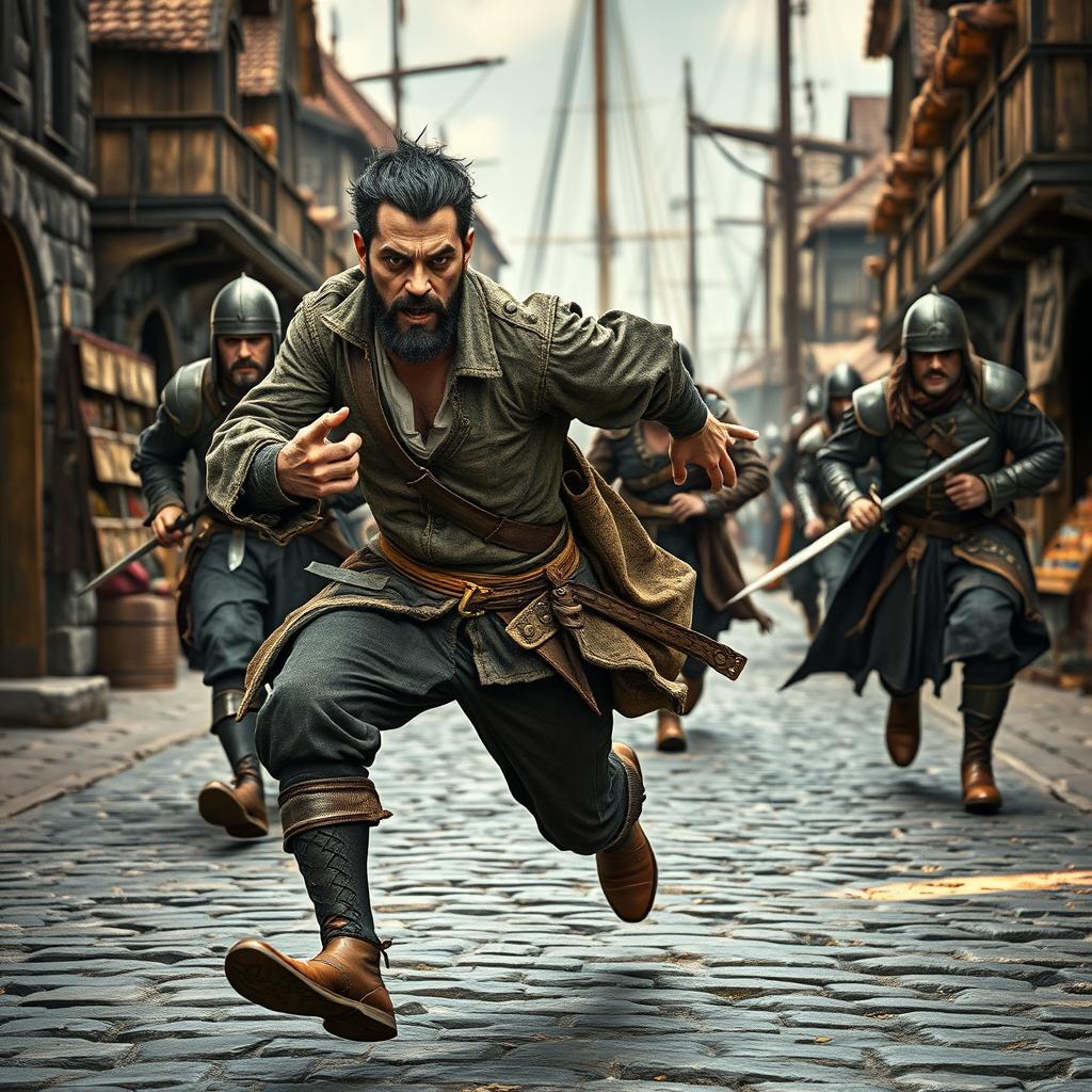 An evil male pirate with short black hair and a short pointy beard is in mid-sprint on a cobblestone street, evading medieval guards