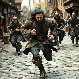 An evil male pirate with short black hair and a short pointy beard is in mid-sprint on a cobblestone street, evading medieval guards