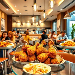 A vibrant and inviting scene showcasing a broaster chicken restaurant with a modern interior design