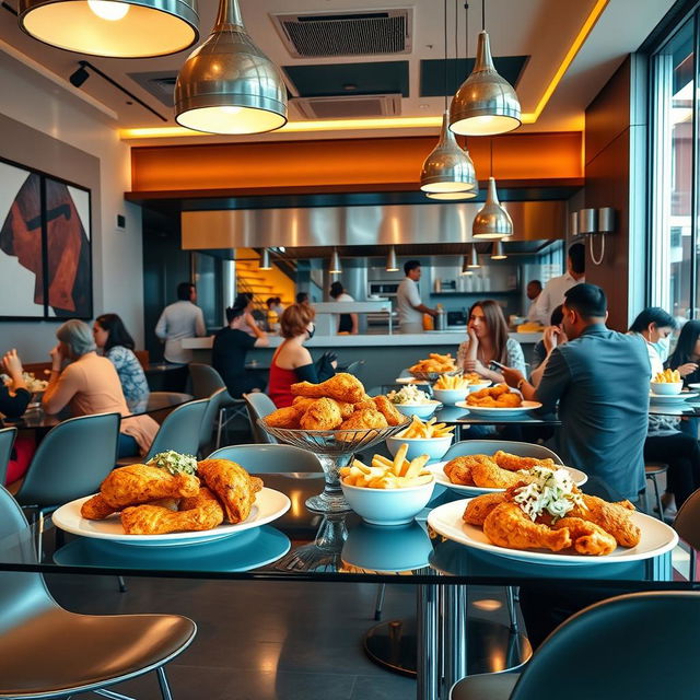 A vibrant and inviting scene showcasing a broaster chicken restaurant with a modern interior design