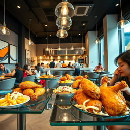 A vibrant and inviting scene showcasing a broaster chicken restaurant with a modern interior design