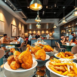 A vibrant and inviting scene showcasing a broaster chicken restaurant with a modern interior design