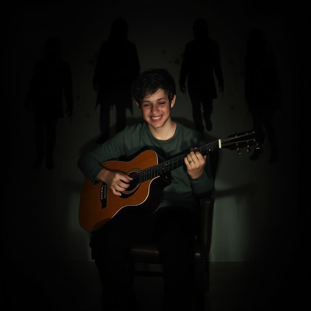 A young man sitting on a chair playing the guitar, his shadow obscuring his eyes while he smiles