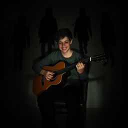 A young man sitting on a chair playing the guitar, his shadow obscuring his eyes while he smiles