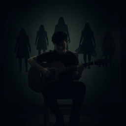 A young man sitting on a chair playing the guitar, his shadow obscuring his eyes while he smiles