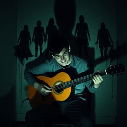 A young man sitting on a chair playing the guitar, his shadow obscuring his eyes while he smiles