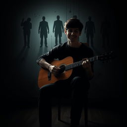 A young man sitting on a chair playing the guitar, his shadow obscuring his eyes while he smiles