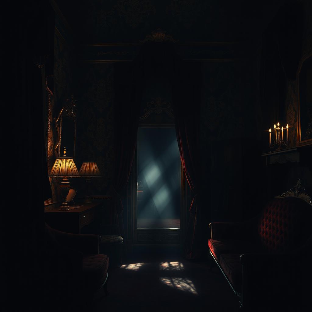 A mysterious and elegant room filled with shadows and subtle lighting