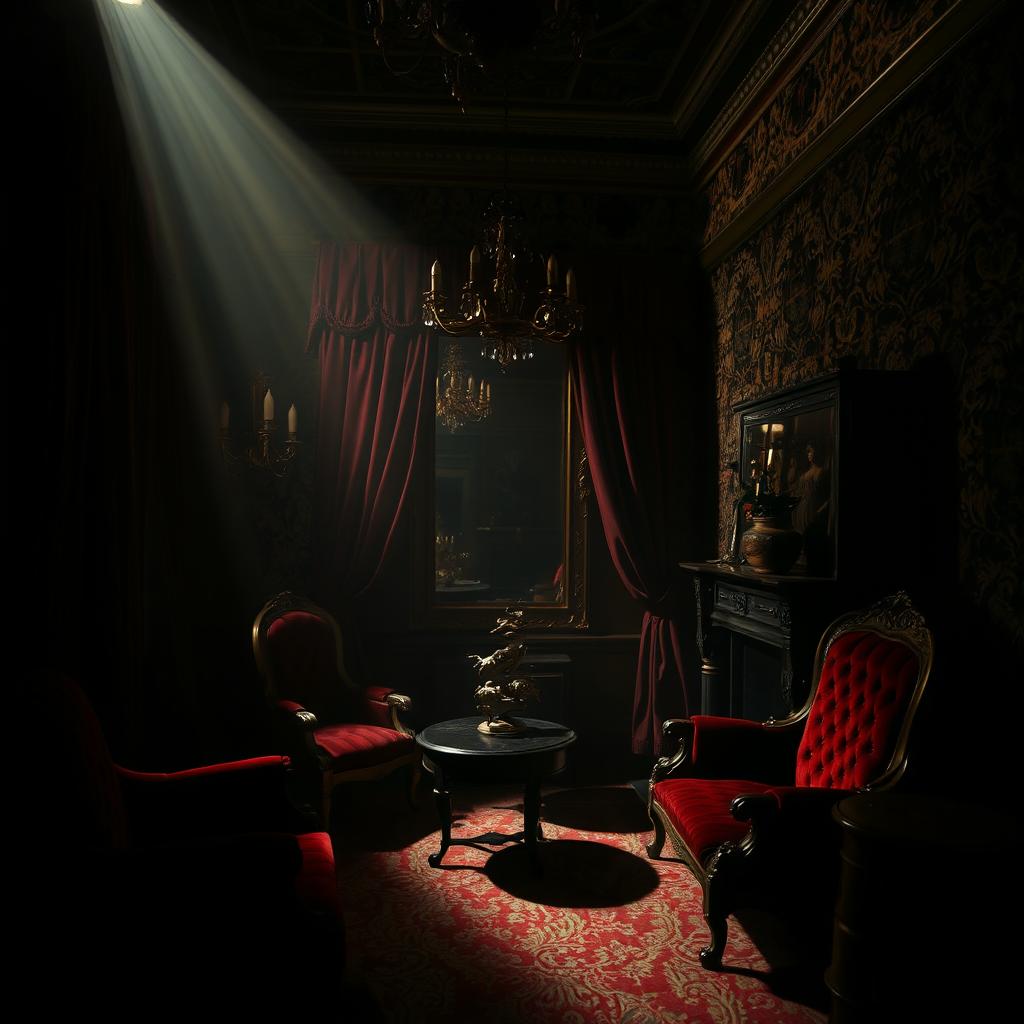 A mysterious and elegant room filled with shadows and subtle lighting