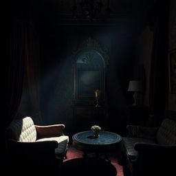 A mysterious and elegant room filled with shadows and subtle lighting