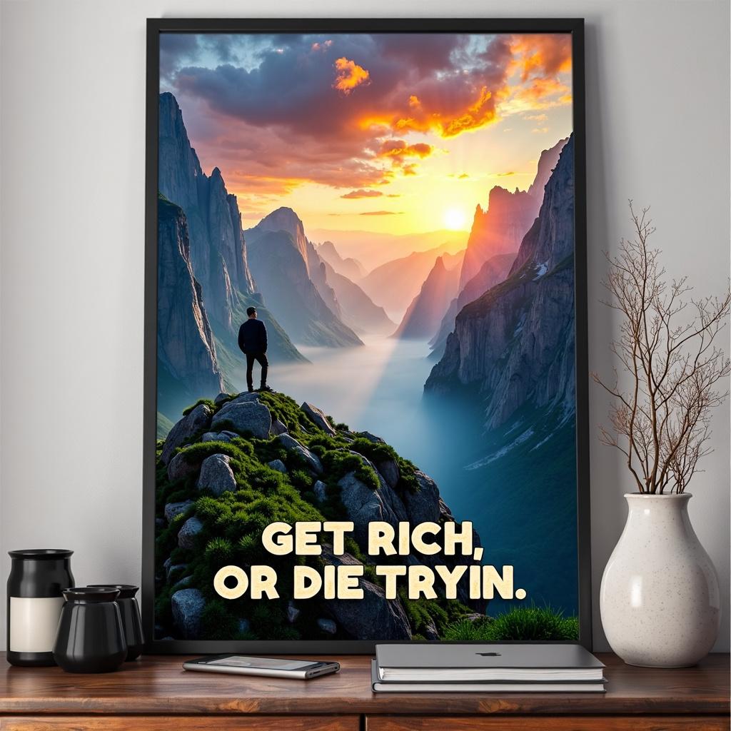 A motivational poster featuring the phrase "Get Rich or Die Tryin'" with stunning nature photography