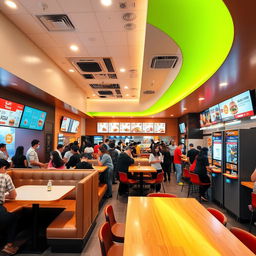 A dynamic and lively interior of a modern fast food restaurant