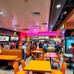 A dynamic and lively interior of a modern fast food restaurant