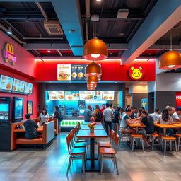 A dynamic and lively interior of a modern fast food restaurant