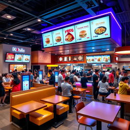 A dynamic and lively interior of a modern fast food restaurant