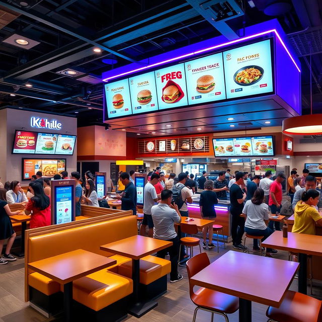 A dynamic and lively interior of a modern fast food restaurant