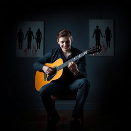 A young man sitting on a chair playing the guitar, his expression marked by a sinister smile