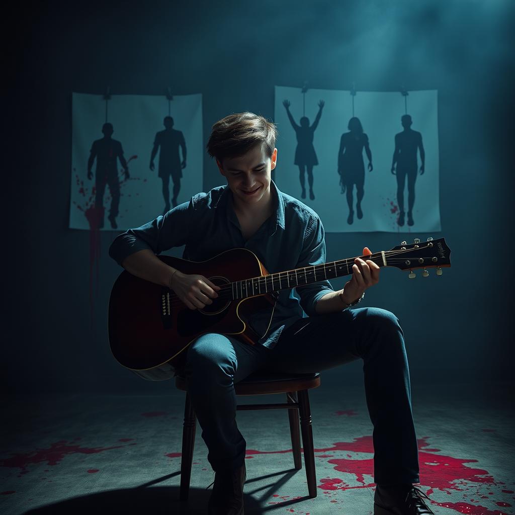 A young man sitting on a chair playing the guitar, his expression marked by a sinister smile